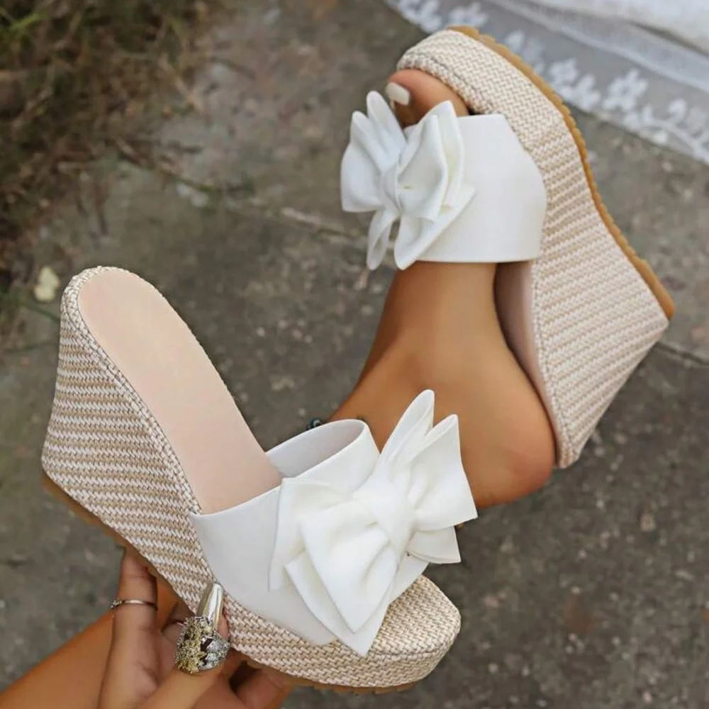 Women Fashionable Comfortable Wedge Heel Slide Sandals, Solid Color, Woven Beach - Picture 1 of 4